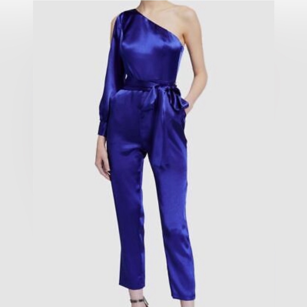 Aidan By Aidan Mattox Blue satin one shoulder jumpsuit